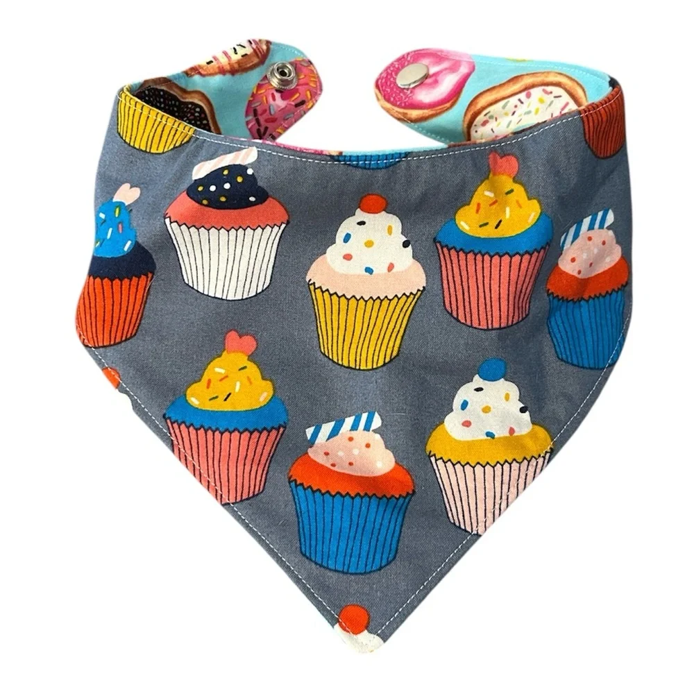 Dog Bandana Cupcake Print and Donuts reversible snaps closed neckerchief for dog